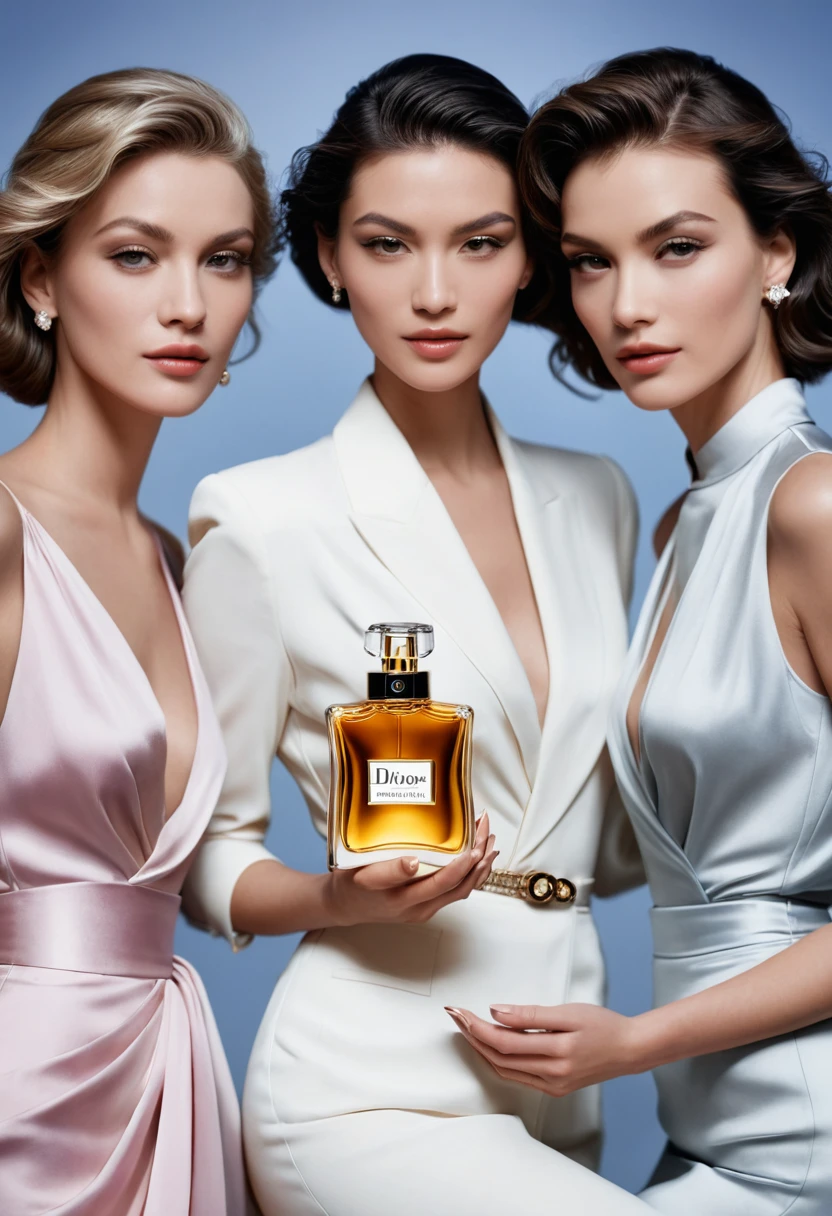 Three beautiful and elegant women looking at the camera, advertisement for the Dior perfume