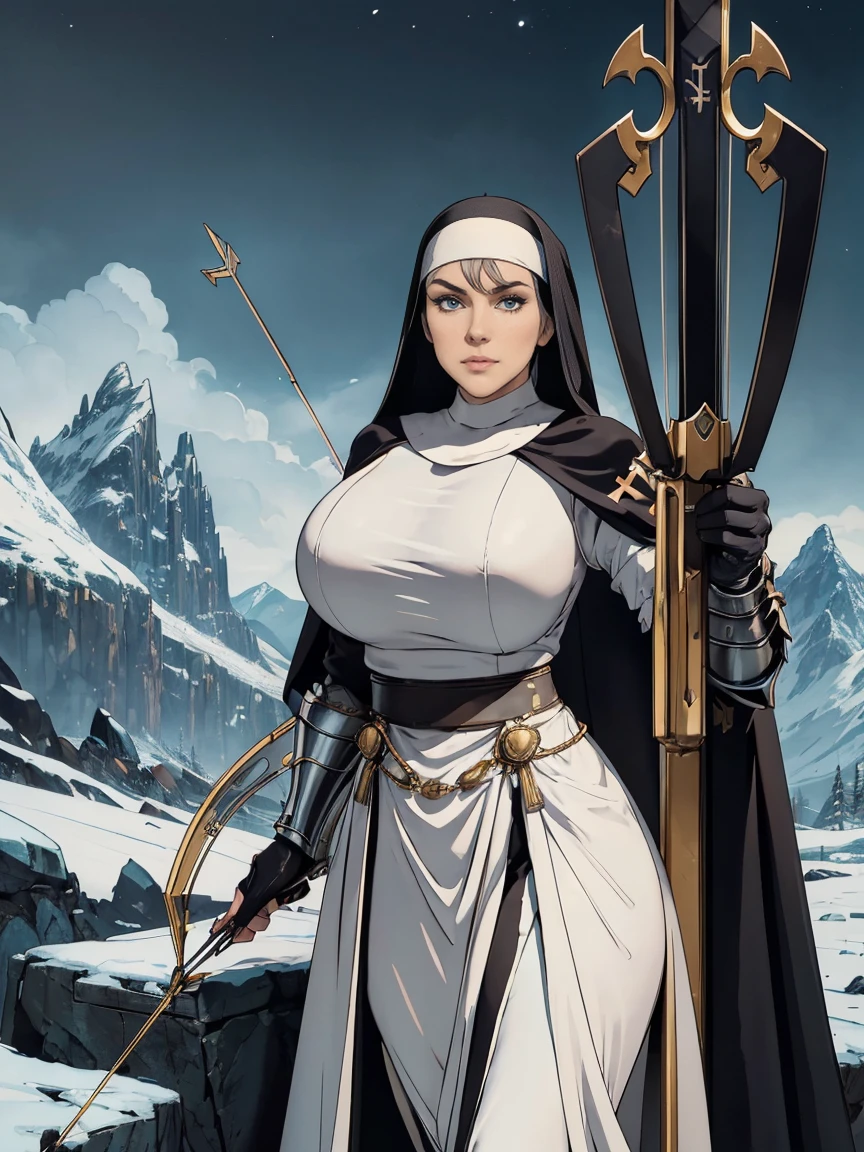 (masterpiece, top quality, best quality, official art, beautiful and aesthetic:1.2), (1girl:1.3), ((Sharp facial features, sharp features, hawkish features)), ((grey eyes)), busty paladin knight girl, extremely detailed, portrait, looking at viewer, solo, (full body:0.6), detailed background, full-body shot, (cold mountain nighttime glacier theme:1.1), holy knight, (nun), charlatan, smirk, mysterious, swaying in mountains, armor, polished metal, gold trim, long boots, white fabric, pelvic curtain, robe, pale leather, ((((nun, crossbow, heavy armor, armored, long legs, robes, prayer scrolls, toned, muscular)))), slim waist, slim hips, long legs, medieval (mountain exterior:1.1) background, dark mysterious lighting, shadows, magical atmosphere, dutch angle