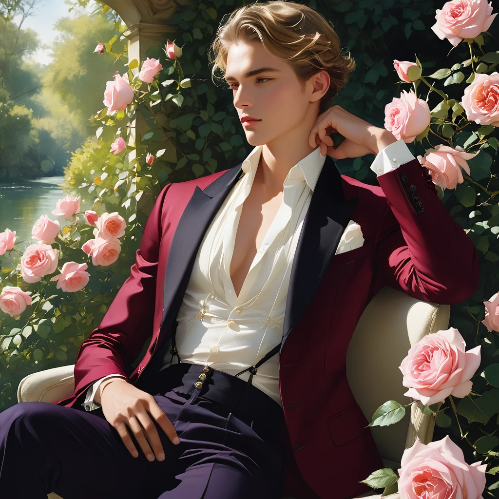 Create an image of a young man inspired by the characteristics of the rose 'The Prince.' The male model should be standing in a poised and regal posture, with one hand lightly touching his chin and the other resting by his side, evoking a sense of deep contemplation and elegance. He should be dressed in a deep, rich velvet jacket in dark red-purple or red wine, adorned with intricate embroidery and layered over a crisp white shirt, complemented by dark tailored trousers and polished black shoes. His clothing should reflect the complex, multi-petaled structure of the rose, with detailed textures and luxurious fabrics.

The composition should place the model slightly off-center, allowing for a view of a lush garden background with glossy green leaves and hints of blooming roses, creating a natural yet sophisticated setting. Soft, diffused lighting should be used to highlight the model's features and clothing, casting gentle shadows that add depth and dimension to the image. The overall atmosphere should be one of quiet intensity and refined elegance, with a subtle hint of romanticism.

The photo should be taken at eye level with a slight upward angle to emphasize the model's regal presence, using a medium-format camera like the Hasselblad H6D-100c for its exceptional detail and color accuracy. A prime lens with a wide aperture, such as the Zeiss Otus 85mm f/1.4, should be used to achieve a shallow depth of field, ensuring the model stands out sharply against the softly blurred background.

For inspiration, consider the works of photographers like Mario Testino, known for his ability to capture elegance and refinement in fashion photography, and Tim Walker, whose use of lush, dreamlike settings and intricate details would complement the theme perfectly. ((full-body image)), fashion sketching, realistic drawing, ((imperfect water color drawing background)), 