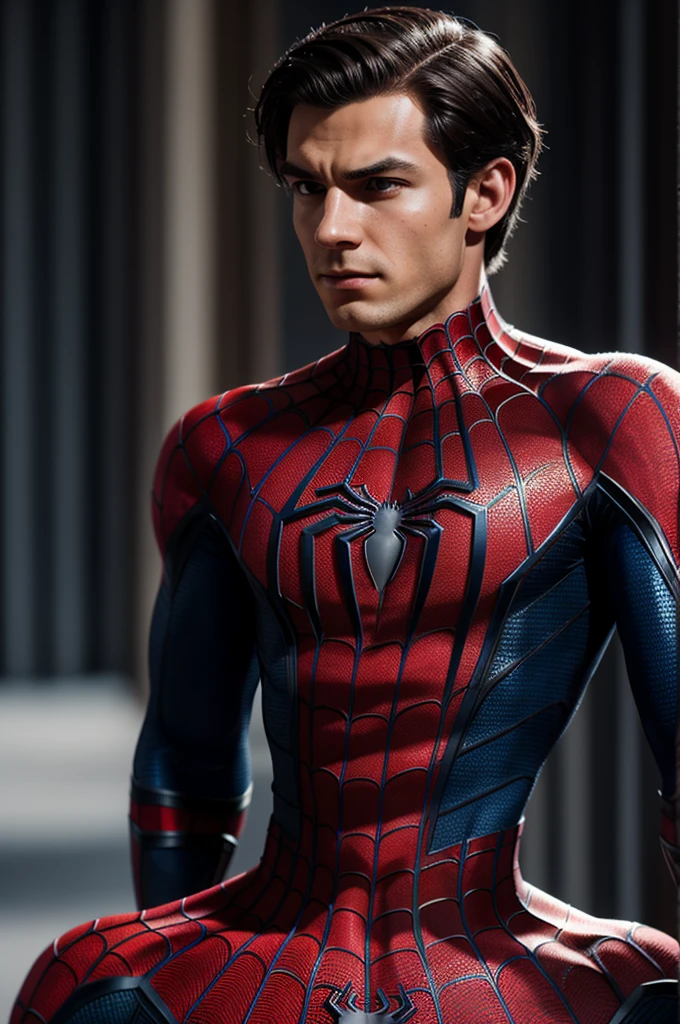 A photograph of Spider-Man., sin mascara, the 20s, elegant, detailed face, looking to the camera, portrait, 8k hd, high quality