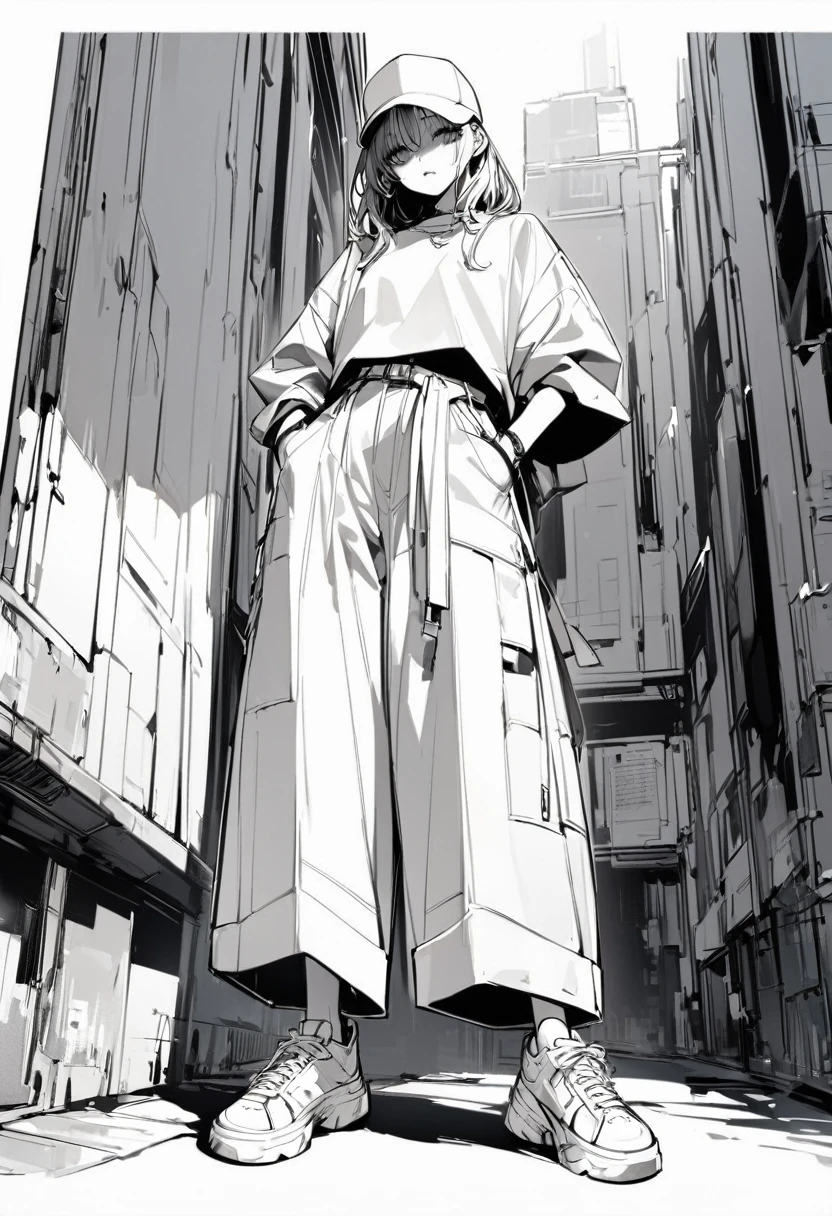 (masterpiece、Highest quality:1.2、8K)、Centered、Only one girl、Street Shirts、Street style wide pants、Monochromatic sneakers、whole body、Simple Background、White background