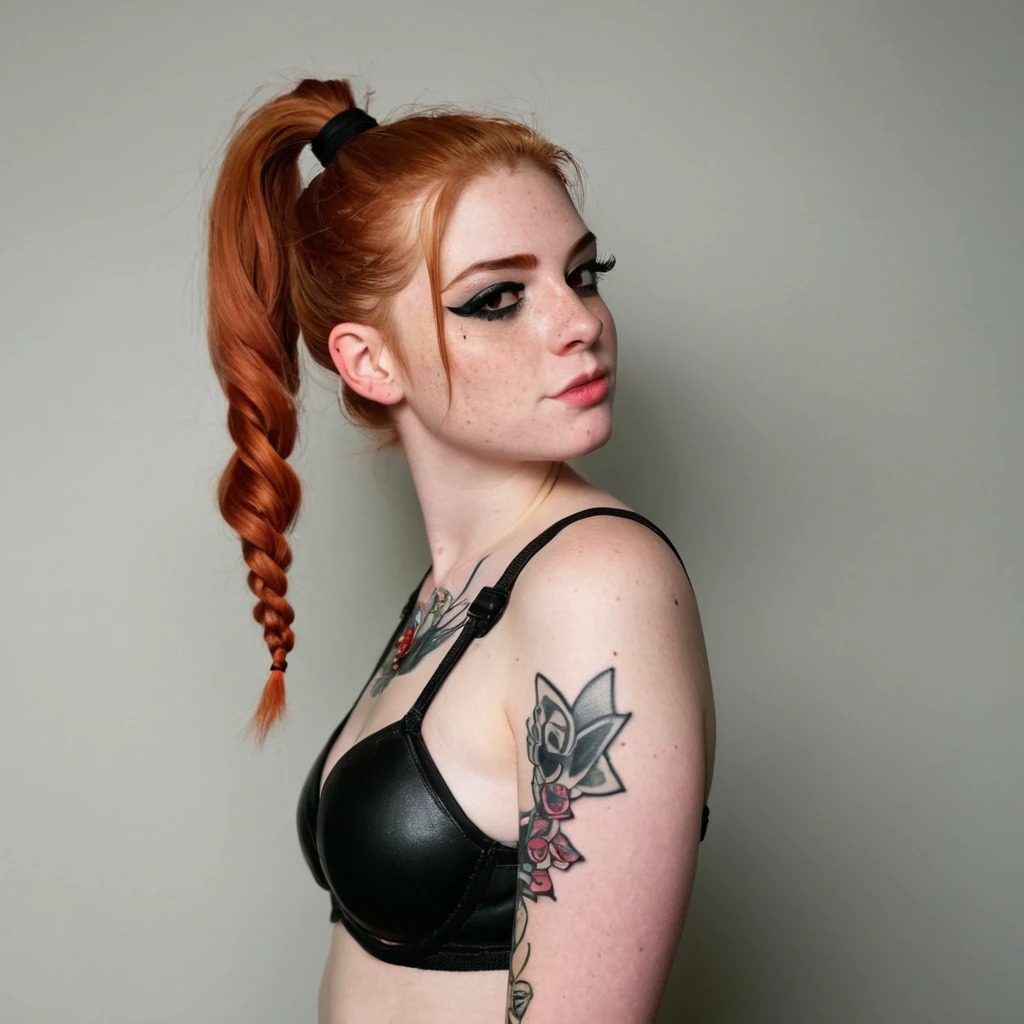 discord profile picture, instagram model, ginger girl, greek, freckles, ponytail wrapped hair, tattoed, black eyes, dark eyes, black bra, 18 years old, punk rock make up