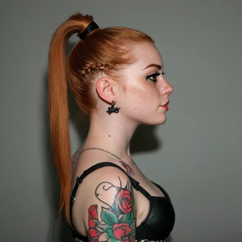 discord profile picture, instagram model, ginger girl, greek, freckles, ponytail wrapped hair, tattoed, black eyes, dark eyes, black bra, 18 years old, punk rock make up