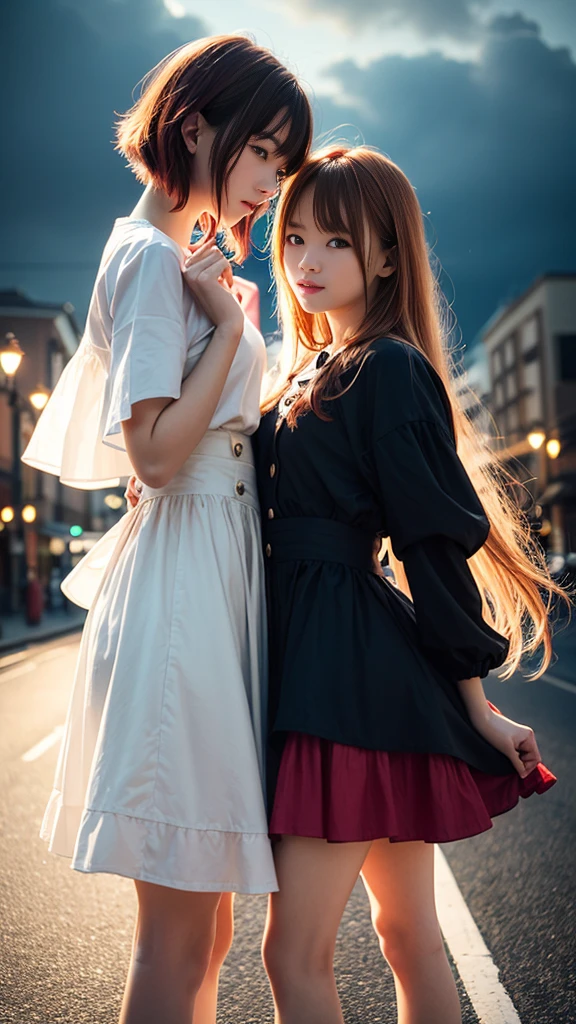 (Natural strawberry blonde and redhead girls with pretty faces), Cute pose, wearing a button dress, Atmospheric, Dark atmosphere, Edge lighting, Sayaka Yamamoto, Saito Asuka, Mao Akiyama's facial features, 8K, Full 体 portrait, Elegant outfit, Natural light, Spooky greenhouse at night, Sharp focus, (Highly detailed eyes and face:1.3, Professional photography techniques), (Beautiful small face, beautiful girl, high school student, Idol Face, Baby Face:1.4), smile, Happy, K UHD, Beautiful and soft skin, Vibrant Skin, blush, (Chirarizum:1.3, Unbutton the dress:1.5), ((Beautiful breasts:1.3, Cleavage)), (Small beautiful butt), (Detailed hands:1.1, The optimal ratio is four fingers to one thumb), Perfect proportions, (Perfect Anatomy:1.3), (Highest quality, Masterpiece, Highest quality, Ultra high definition, Photorealism:1.4), ((Kiss on the chest:1.4)), (Beautiful hair blowing in the wind:1.4)