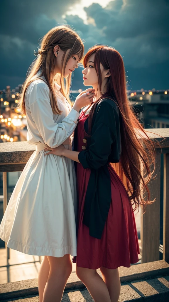 (Natural strawberry blonde and redhead girls with pretty faces), Cute pose, wearing a button dress, Atmospheric, Dark atmosphere, Edge lighting, Sayaka Yamamoto, Saito Asuka, Mao Akiyama's facial features, 8K, Full 体 portrait, Elegant outfit, Natural light, Spooky greenhouse at night, Sharp focus, (Highly detailed eyes and face:1.3, Professional photography techniques), (Beautiful small face, beautiful girl, high , Idol Face, Baby Face:1.4)Happy, K UHD, Beautiful and soft skin, Vibrant Skin, blush, (Chirarizum:1.3, Unbutton the dress:1.5), ((Beautiful breasts:1.3, Cleavage)), (Small beautiful butt), (Detailed hands:1.1, The optimal ratio is four fingers to one thumb), Perfect proportions, (Perfect Anatomy:1.3), (Highest quality, Masterpiece, Highest quality, Ultra high definition, Photorealism:1.4), ((Kiss on the chest:1.4)), (Beautiful hair blowing in the wind:1.4)
