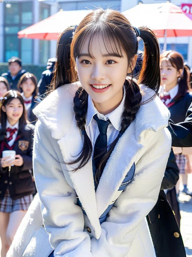 (A super cute Korean female college student duo takes a commemorative photo together wearing fluffy coats over their school uniforms:1.2)(grin,smile:1.1)(Beautiful Sweat:1.1)(16K, RAW Photos, Highest quality, masterpiece: 1.2),(Glossy black hair with cute twin tails) Super detailed, Super Resolution, (Genuine, Genuine photos: 1.37), Portraiture, High-resolution RAW color photos, Professional photos, Very detailed, 8k wallpaper, Very detailed CG Unity 8k wallpaper, Very detailed beautiful girls, Very detailed faces, ((whole body)), beautiful woman, Huge breasts,(huge boobs:1.1) (Big Boobs:1.1), beautiful (Wearing a tight and cute company-designated and a cute coat),high school girl, Korean Girls,(K-POP Female Idols), (Idol-class beauty)(Beautiful high school girl:1.1)(A park covered in heavy snow in midwinter)(17 years old)(School uniform style outfit:1.1)