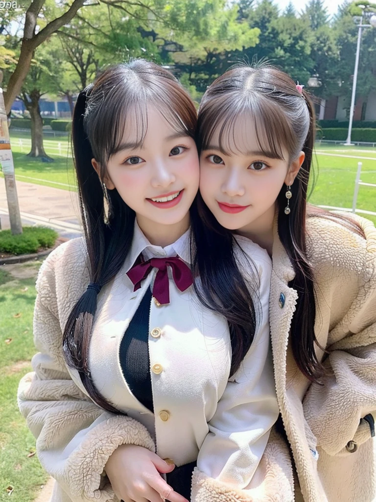 (A super cute Korean female college student duo takes a commemorative photo together wearing fluffy coats over their school uniforms:1.2)(grin,smile:1.1)(Beautiful Sweat:1.1)(16K, RAW Photos, Highest quality, masterpiece: 1.2),(Glossy black hair with cute twin tails) Super detailed, Super Resolution, (Genuine, Genuine photos: 1.37), Portraiture, High-resolution RAW color photos, Professional photos, Very detailed, 8k wallpaper, Very detailed CG Unity 8k wallpaper, Very detailed beautiful girls, Very detailed faces, ((whole body)), beautiful woman, Huge breasts,(huge boobs:1.1) (Big Boobs:1.1), beautiful  (Wearing a tight and cute company-designated  and a cute coat),high school girl, Korean Girls,(K-POP Female Idols), (Idol-class beauty)(Beautiful high school girl:1.1)(A park covered in heavy snow in midwinter)()(School uniform style outfit:1.1)