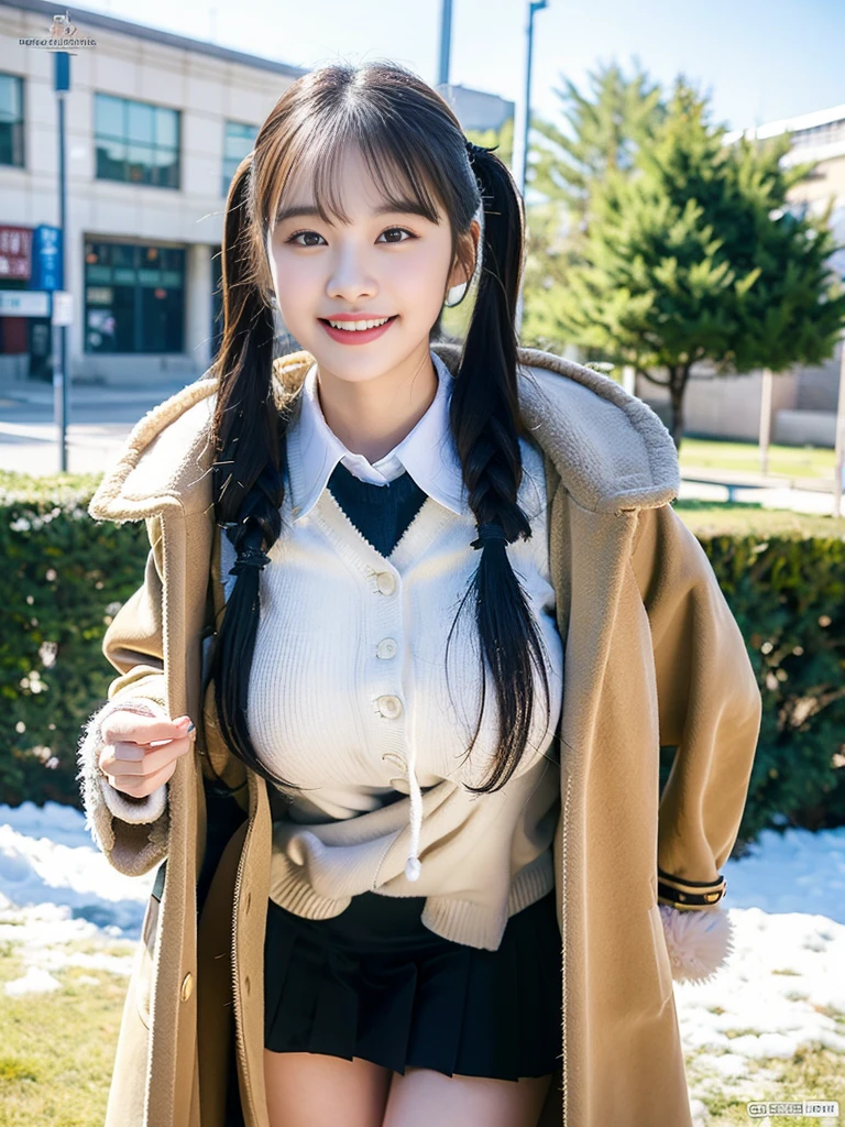 (A super cute Korean female college student duo takes a commemorative photo together wearing fluffy coats over their school uniforms:1.2)(grin,smile:1.1)(Beautiful Sweat:1.1)(16K, RAW Photos, Highest quality, masterpiece: 1.2),(Glossy black hair with cute twin tails) Super detailed, Super Resolution, (Genuine, Genuine photos: 1.37), Portraiture, High-resolution RAW color photos, Professional photos, Very detailed, 8k wallpaper, Very detailed CG Unity 8k wallpaper, Very detailed beautiful girls, Very detailed faces, ((whole body)), beautiful woman, Huge breasts,(huge boobs:1.1) (Big Boobs:1.1), beautiful (Wearing a tight and cute company-designated and a cute coat),high school girl, Korean Girls,(K-POP Female Idols), (Idol-class beauty)(Beautiful high school girl:1.1)(A park covered in heavy snow in midwinter)(17 years old)(School uniform style outfit:1.1)