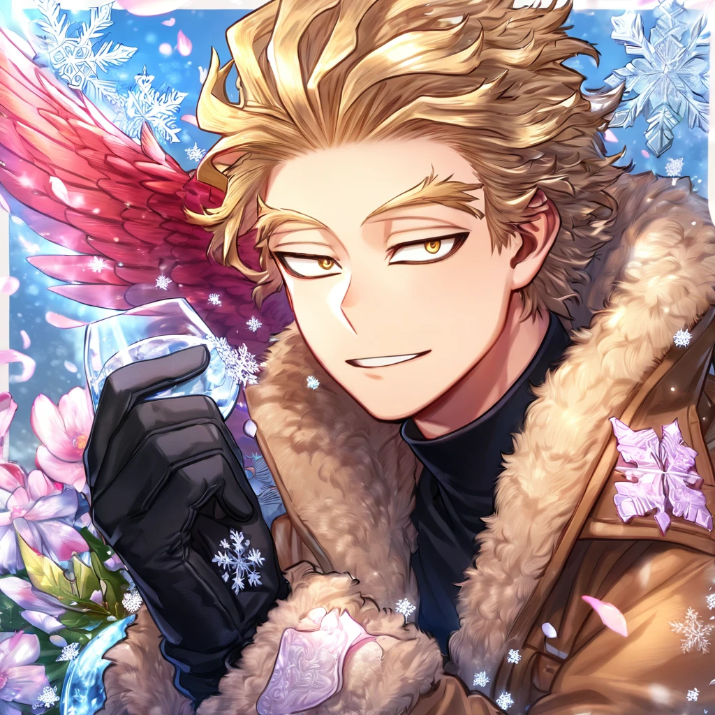 Ultra detailed, HDR, Highres, absurdres, master piece, Hawks, ash blonde hair, expressive brown-golden eyes, faint stubble, red wings, Boku No Hero Academia, brown coat with fur, black tight shirt, handsome, glass, ice glittering butterflies, ice, petals, pink ice glass flowers, glittering, water, fantasy, magical, snowflakes, cold, handsome smile, solo, black gloves