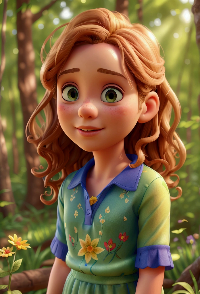 a curious  with golden curly hair, forest, sunny morning, blue dress with colorful flower patterns, sunlight filtering through the trees, dappled light, wildflowers in the meadow, birds singing, butterflies fluttering, (best quality,4k,8k,highres,masterpiece:1.2),ultra-detailed,(realistic,photorealistic,photo-realistic:1.37),detailed facial features, intricately detailed clothing, lush green foliage, warm natural lighting, vibrant colors, idyllic pastoral scene, serene and tranquil atmosphere, digital painting, highly detailed, soft focus, studio lighting