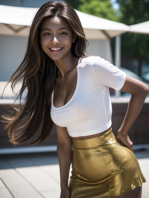 (RAW Photos, Realistic:1.4), Highest quality, masterpiece, 1 Girl, Small brass,Cleavage, Dark brown long hair, Big eyes,   smile, lips、Short T-shirt、Micro tight mini skirt、Blowing in the wind、Skirt flip、Lakeside、8K, smile