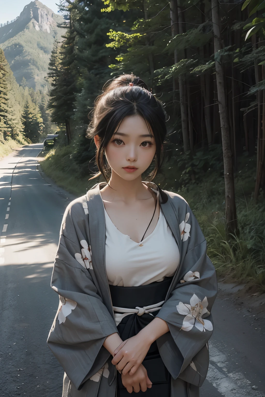 Beautiful,Junko Ishihara,Over Amagi,Prostitute,or period,Years falls,Flame of Love,Disheveled Japanese clothing,In the mountains,The twists and turns of the deep mountains,Flames of Passion,Mature women in their thirties,A devoted beauty,Disheveled Hair,Disheveled outfit,A half-crazed woman obsessed with love,Disheveled, thin kimono,thin yukata,A distraught yukata wearer,Female Artist,Narrow eyes,Single-minded gaze,or period,Unpaved mountain roads,the dark forest,Unpaved road,promenade,Mountain trail,Dirt Road,When the road wasn't paved yet,Old mountain path,ground road,carriage,rickshaw,She's wearing light clothing and her chest is exposed.,Beautiful Mature Woman,Her chest is open, exposing her beautiful nipples.,A narrow path leading uphill,A lightly dressed kimono that is slightly disheveled,No cars, only horses and rickshaws,A narrow road just wide enough for one person to pass through々A path through a dark mountain forest covered with snow,Steep dirt road,Dirt-stained area around the feet,Climbing dangerous mountain trails,Animal trail,Unpaved road,Paths for wild boars, etc.,Extremely small and flat chest,Beautiful nipples,The face of a virtuous angel with many good experiences,A beautiful face like a legendary celestial maiden,Unpaved mountain road,Indigo yukata,Wearing cute wooden women's can,No baggage,Holding a single flower,On the ground in the mountains,in the forest,A tall peak in the distance々,A thin yukata,Beautiful nipples,The length of the yukata is long,Face close-up,promenade,Kemono Road,All gravel roads,All off-road,Dark Night Road,Moonlight only,Leaner figure,A slender beauty with an unfortunate past,Dark night road in the forest,One straight road,Hanni in New Jeans,off road,Private roads,animal trail,Lonely mountain path in the forest,far and near method,Out of focus background,off road walking,Small breasts,Flat Bust,A soft smile,Off-road in the dark mountains with only moonlight,Midnight,Pitch black night road,Are thin,Simple beaut