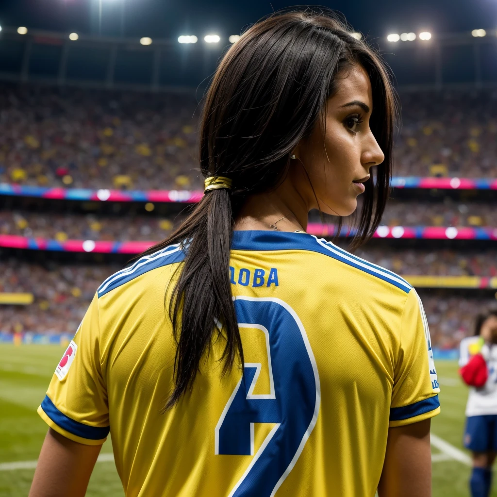 Colombia t-shirt with the name Mary number 26 in the stadium watching the final of the Copa America, that the hair is black to one side and that the back is turned in the stands looking towards the field
