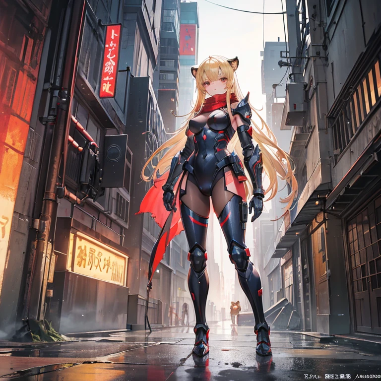 Age 30 years woman, Long blonde hair with pin doll, Wearing left eye patch, wearing a black red white bodysuit, high heels, red nails and eyes, facing back On the cyberpunk city, looking at viewer, sad, best quality, masterpiece, HD, Full Body, beautiful face, Night sky, variation angle