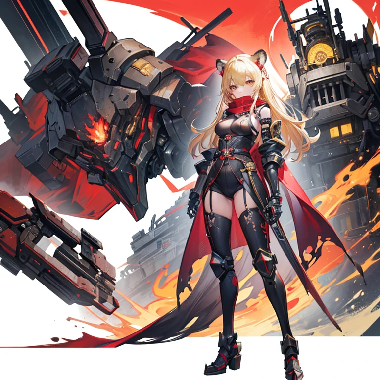 (best quality),masterpiece, Very beautiful girl, Very detailed, Amazing, fine details, official art, Super detailed, High resolution, A girl stands in front of a tiger, (Taoism), Beautiful and meticulous girl, There is light on the face, nobody, Flowing blonde hair, Mechanical Lady, Mechanical Armor, water, Armored, Pink mech, Honey Mecha, Machinery,burning city, broken streets, ruins,Motorcycle Friends,horizon,(whole body:0.8),upper bust_Body,,Taoism,flower,Long Er,Bathyscaphe,Tarot,(masterpiece, highest quality), (Detailed Hair), Very detailed, Anime Style, whole body, alone, Concept Art, Science Fantasy Combat Girl, Neck-length black and yellow hair, Golden Eyes, His right hand has been modified into a deadly cybernetic claw.. Cyber Kimono, Torn red scarf, Cyber Horned, Wearing tabi socks, White Background, whole body, Standing in the wasteland,