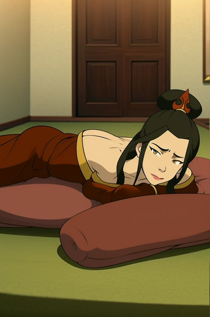 AnaxusStyle, 1girl, azula, ((laying flat on stomach)) , looking backwards at viewer, indoors, bedroom, sexy , long hair, ponytail, topknot