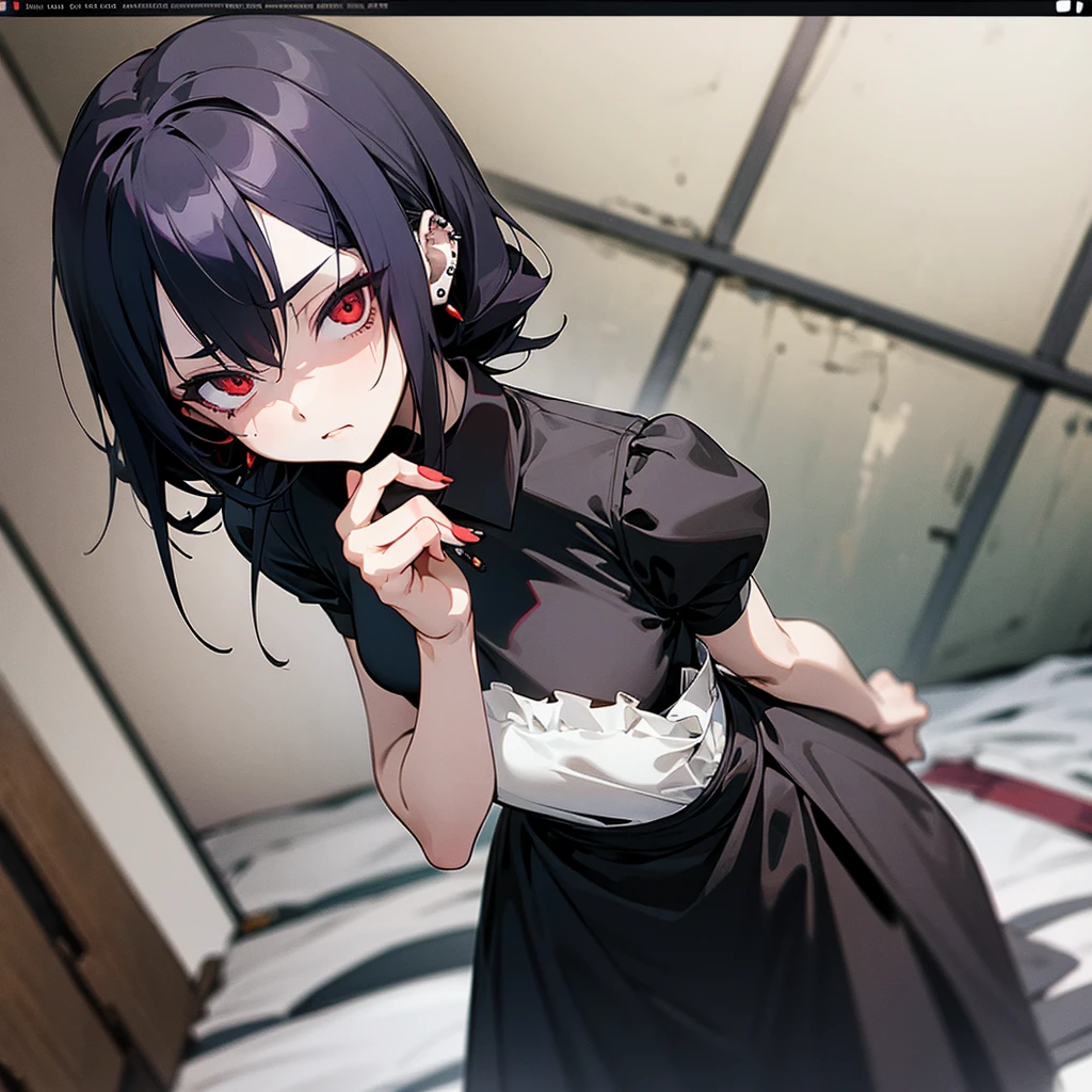 anime girl looking coldly at camera, flat chest, dark dress, hand on cheek, piercings, maid, red eyes, abandoned room background, dark fantasy, vignette