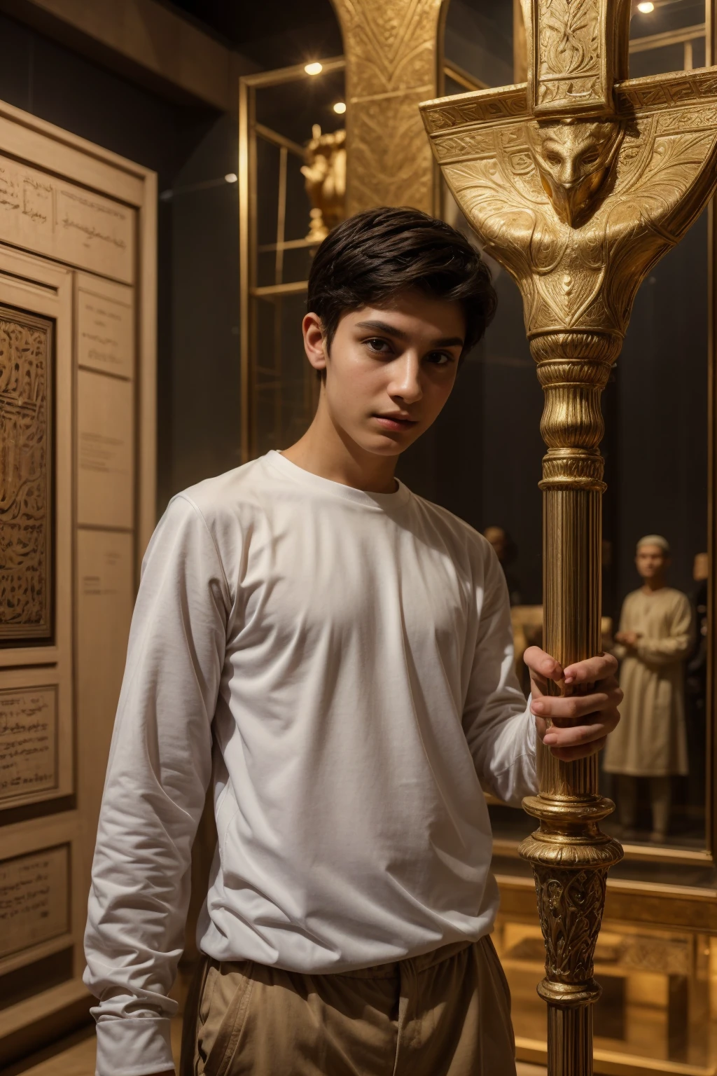 A cute, beautiful twink male with black hair and a face with makeup. He is wearing a white long-sleeved shirt and brown pants. He is in the Museum of Antiquities from the Middle Ages before Islam. He has a golden sword in his hand, pointing it forward, looking in amazement.