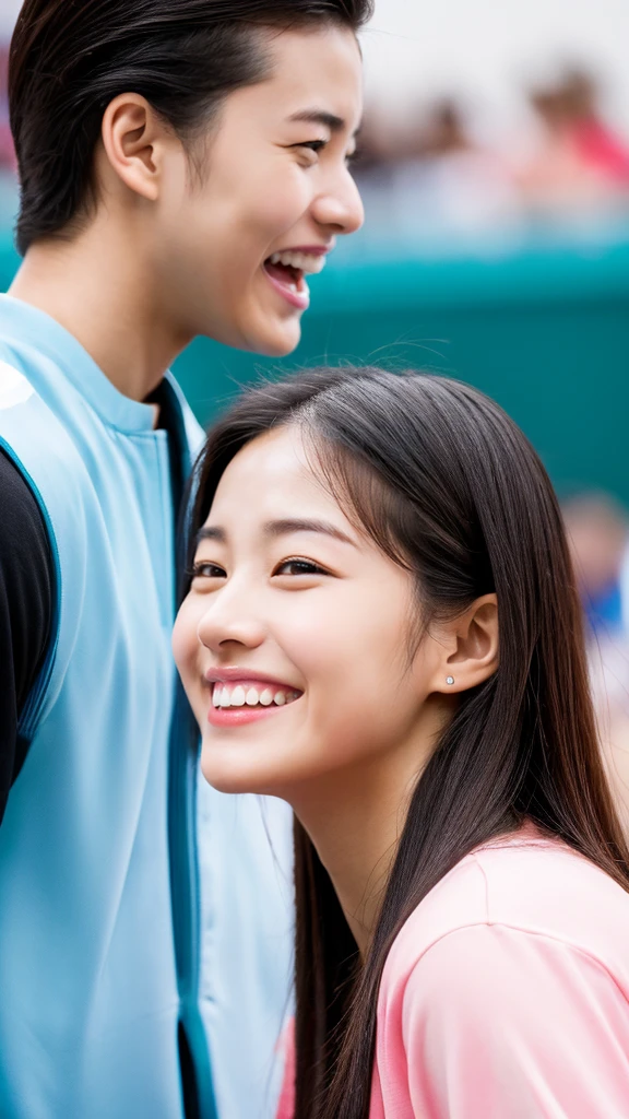 Highest quality,high resolution,Close-up of face,2人のgirl,Standing in a row with foreheads on,A fun and happy laugh,20-year-old,girl,Beauty,Beauty,Beautiful face,cute顔,Well-formed face,cute