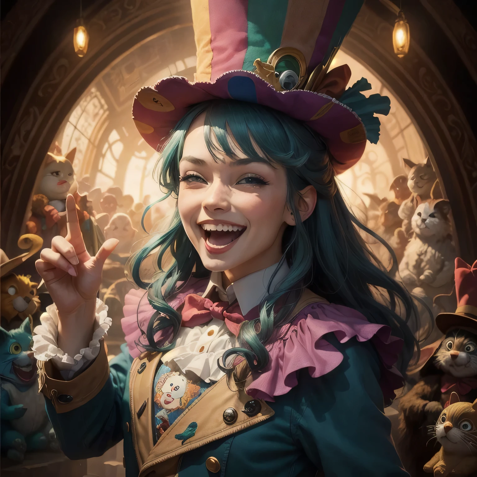 portrait of the Mad Hatter in the land of Oz, happy crazy dancing in dream fantasy bliss galore laughing excited, quirky, art By Josephine wall, Lisa Frank, Jean Baptiste Monge, Takashi Murakami, vivid and soft, highly detailed