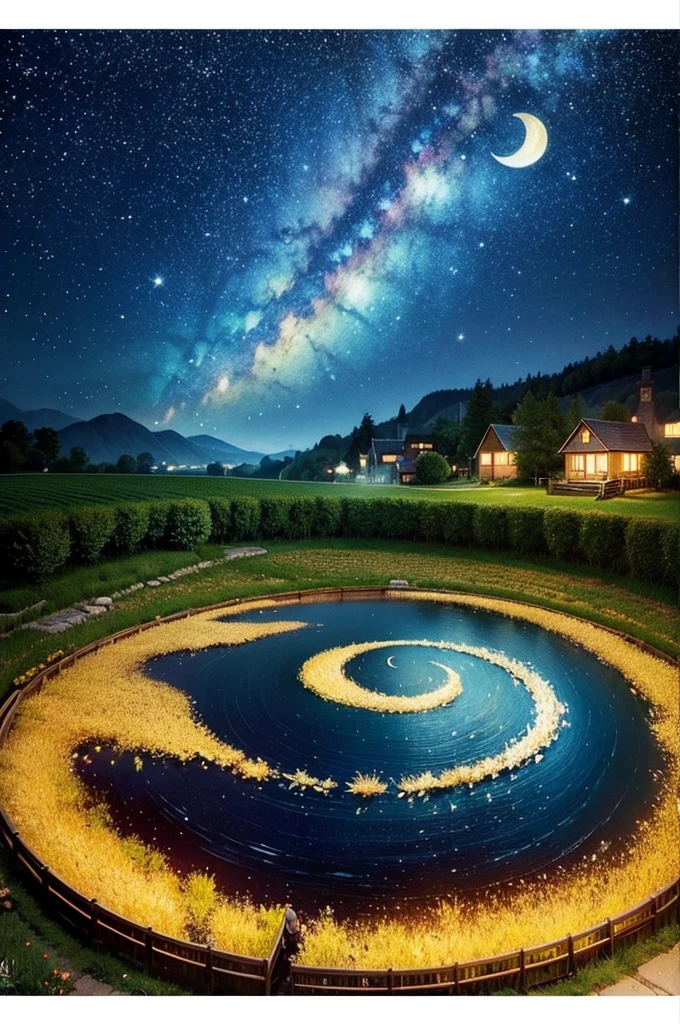 Create an artwork inspired by Vincent van Gogh's 'The Starry Night.' The scene should feature a vibrant, swirling night sky filled with stars and a crescent moon. Use dynamic, expressive brushstrokes and a rich, vivid color palette, with deep blues and bright yellows. In the foreground, include a large, dark cypress tree and a peaceful village with small, warmly lit houses. The overall composition should evoke a sense of movement and emotion, capturing the essence of Van Gogh's iconic style.
