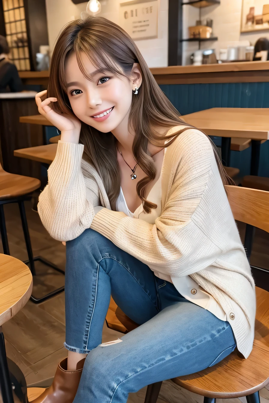 Woman sitting on a chair in a coffee shop、(Full body photo)(Head to toe)Light brown hair、Clear beauty、hairstyle semi long、Wavy Hair、cardigan、blouse、Skinny jeans、short boots、Ear piercing、Necklace around the neck、smile、Beautiful teeth alignment、Intricate details, Very detailed:1.2), 、 Looking into the camera、The background is a coffee shop