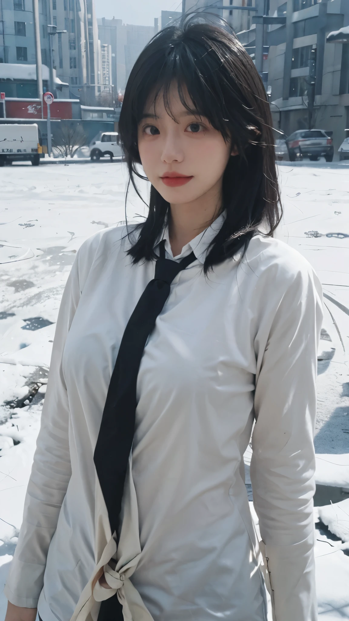 Best quality，masterpiece，1 Girl，Ultra-high resolution，snow，，16K,Snow background，（Photo Realism：1.4),JK，Sexy，（Shirt and Tie：1.2),（Big breasts：1.3),（whole body：1.8)，