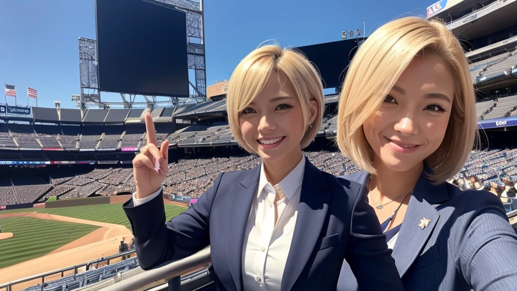 A female announcer in a suit is broadcasting live from Yankee Stadium.。Blonde Short Hair。smile