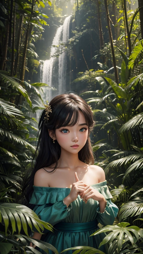 Masterpiece, best quality, super high resolution, fluorescent color,, 1 girl, looking at the audience, beautiful face, beautiful eyes, (off-the-shoulder: 1.2), head up, upper body, forest, shiny hair, shiny skin, glowing cut, chibi, finger proportions coordination