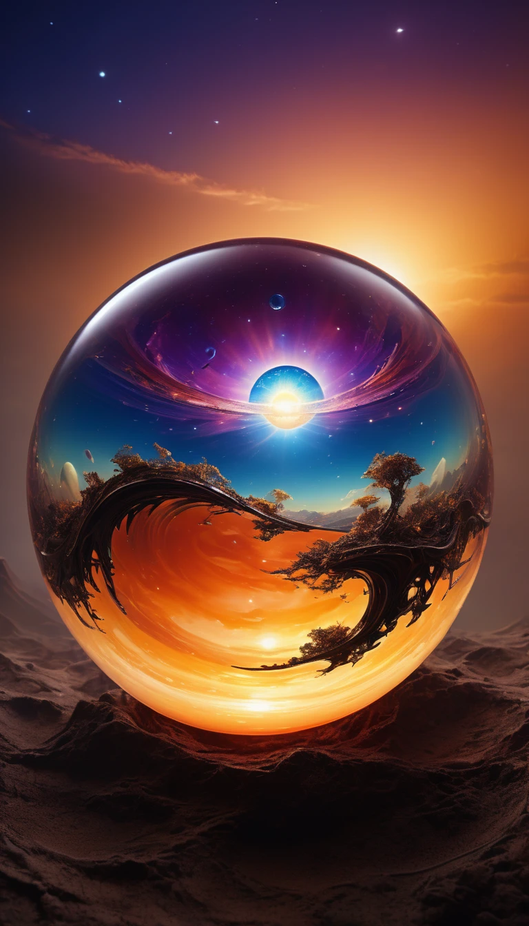 a magnificent sunset on a strange and mysterious alien glass sphere style planete. It's very textured and detailed with dreaming lot of whirlwind and dreaming dust