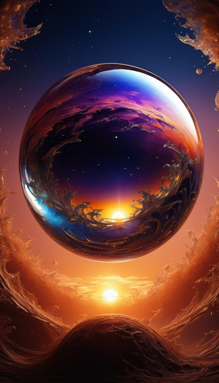 a magnificent sunset on a strange and mysterious alien glass sphere style planete. It's very textured and detailed with dreaming lot of whirlwind and dreaming dust
