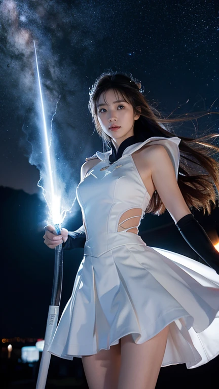 White combat uniform、skirt、Goddess of War、Staff、High resolution、Unknown powers、thunder、Wind、inflammation、muscle、Planetary alignment、Starry Sky、Blue light、Laser beam、God&#39;s Weapon、Diffuse reflection of light、Cyber Valkyrie