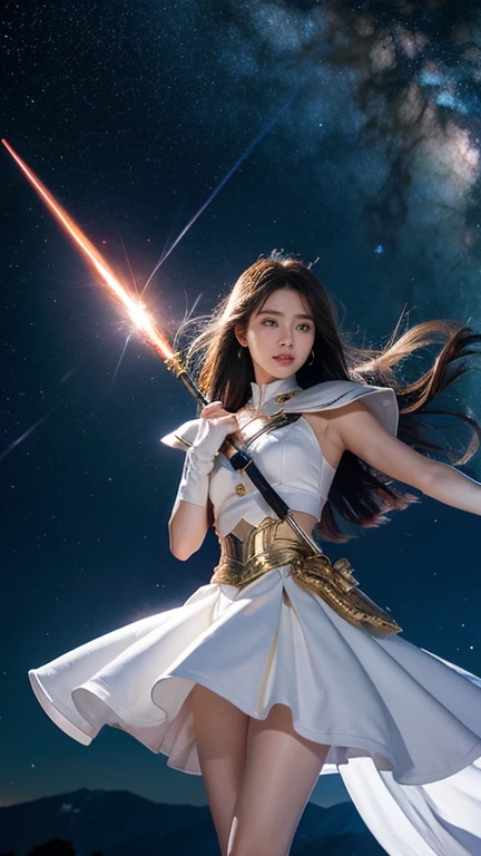White combat uniform、skirt、Goddess of War、Staff、High resolution、Unknown powers、thunder、Wind、inflammation、muscle、Planetary alignment、Starry Sky、Blue light、Laser beam、God&#39;s Weapon、Diffuse reflection of light、Cyber Valkyrie
