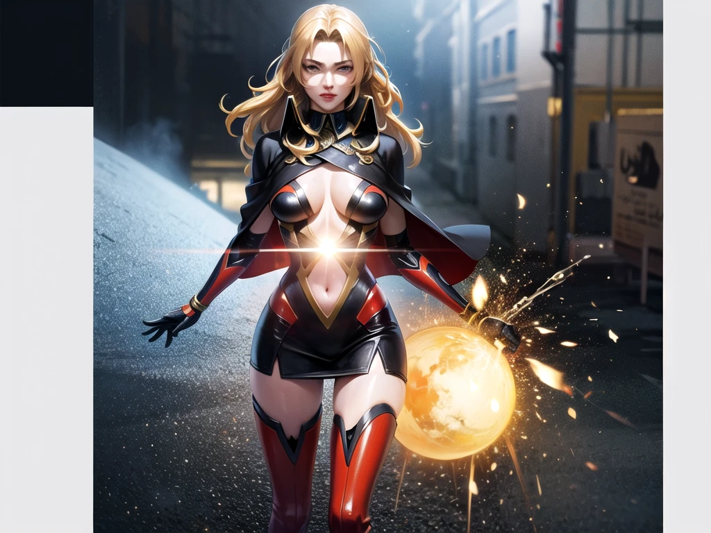 1girl,Alicia Viewsrtream,red lips,red impossible clothes,red elbow gloves,red thigh boots,cape,incredibly absurdres,Volumetric Lighting,moody lighting,thighs,realistic,reality,hetero,smug,fighting_stance, best quality:1.4, intricate details, sharp focus, highres, eleborate atmosphere:0.90, 8K, 4K, UHD, 32k UHD resolution, realistic photo, professional photography, Ultra Detailed 8K CG, ultra high res, High quality texture, High quality shadows, vivid colors, detailed eyes, chromatic aberration, depth of field, soft lighting, masterpiece, best quality, intricate, (lens reflection: 0.7), (flowering: 0.7), particle effects, ray tracing, tone mapping, highly detailed, concept art, smooth, sharp focus, dramatic lighting, highly detailed art, cinematic, hyper-realistic painting, trending on Artstation, 8K, amazing shadows, realistic, (highly detailed background: 1.2), mid-journey art