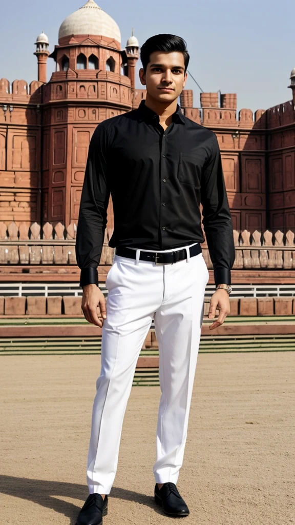 "A 26-year-old man with clean-shaven face, dressed sharply in a black shirt and white pants, stands with a confident stance. He is posing stylishly for a photo in front of the majestic Red Fort, exuding charm and confidence."