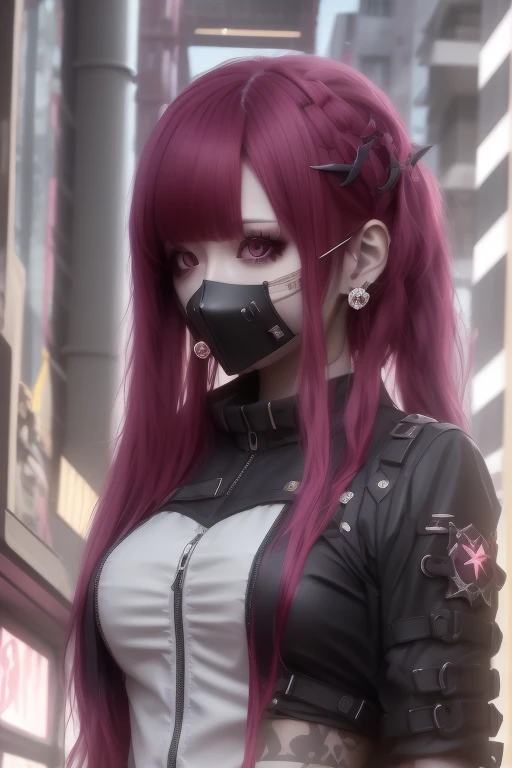 Red-haired、goth_punk, 1girl in, solo, medium shot, Walking in Harajuku, ((during night)), bokeh dof, Neon light, Iridescent eyes, starrysky, Red glowing hair, White eyebrows, Radiant hair, (iridescent white hair), earrings, bangss, jewely, masks, bluntbangs, verd s eyes, Mouth mask, blurry backround, bblurry, hair adornments, Look at viewers, shorth hair, portraitures, side locks