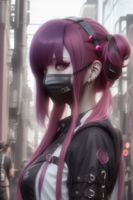 Red-haired、goth_punk, 1girl in, solo, medium shot, Walking in Harajuku, ((during night)), bokeh dof, Neon light, Iridescent eyes, starrysky, Red glowing hair, White eyebrows, Radiant hair, (iridescent white hair), earrings, bangss, jewely, masks, bluntbangs, verd s eyes, Mouth mask, blurry backround, bblurry, hair adornments, Look at viewers, shorth hair, portraitures, side locks