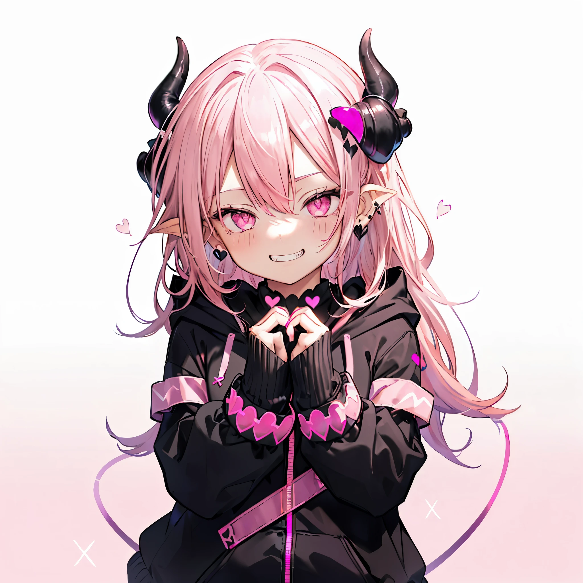 ((((Jagged　Open your mouth　Grin　Pink Background　shining heart　front))))　(((Black hoodie　Wearing a hood　Demon Horns　Heart Iris　Close-up　Pink Hair　Long Hair　Making a heart with both hands)))　((Shiny earrings　Small black ribbon))　Shining Edge　Shining Background