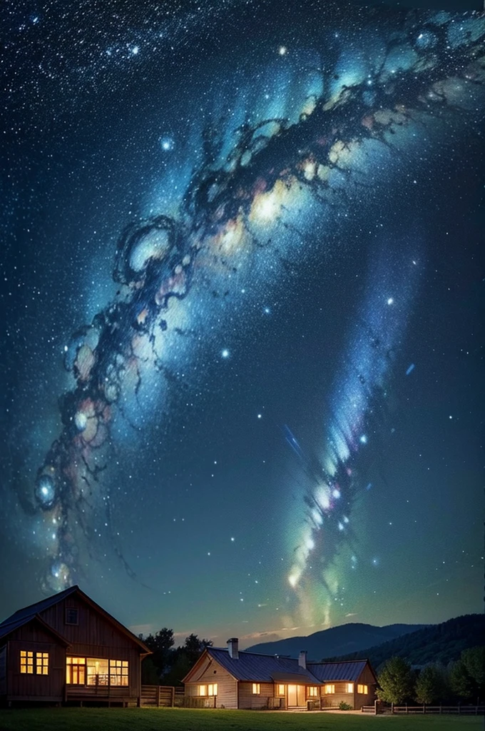 Create an artwork inspired by Vincent van Gogh's 'The Starry Night.' The scene should feature a vibrant, swirling night sky filled with stars and a crescent moon. Use dynamic, expressive brushstrokes and a rich, vivid color palette, with deep blues and bright yellows. In the foreground, include a large, dark cypress tree and a peaceful village with small, warmly lit houses. The overall composition should evoke a sense of movement and emotion, capturing the essence of Van Gogh's iconic style.