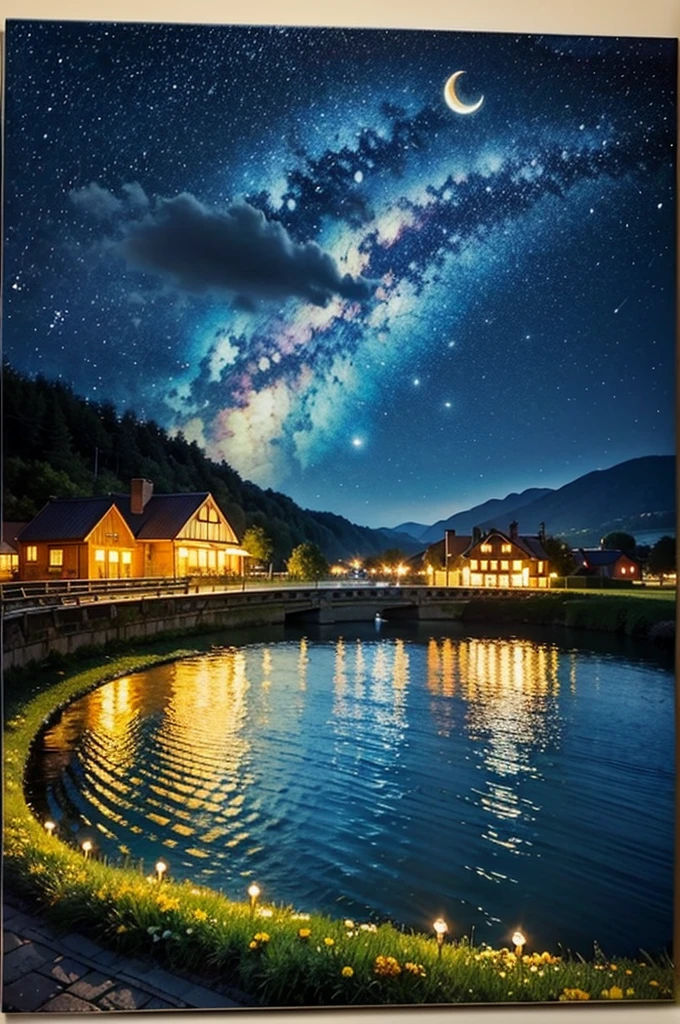 Create an artwork inspired by Vincent van Gogh's 'The Starry Night.' The scene should feature a vibrant, swirling night sky filled with stars and a crescent moon. Use dynamic, expressive brushstrokes and a rich, vivid color palette, with deep blues and bright yellows. In the foreground, include a large, dark cypress tree and a peaceful village with small, warmly lit houses. The overall composition should evoke a sense of movement and emotion, capturing the essence of Van Gogh's iconic style.