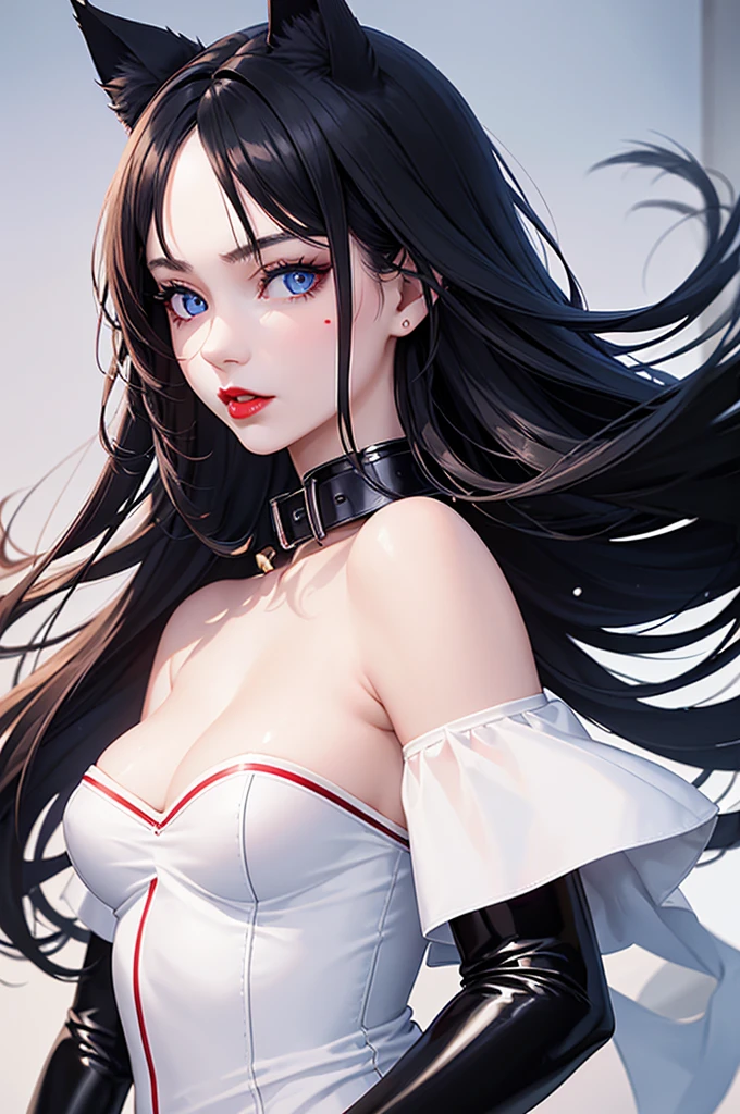 Detailed facial details，16 years old，1 girl，Red lips，Cat ear，Black long hair，Wearing snow-white lace pajamas，Large Breasts，Slim，Handcuffs，Collar，Radiant Skin，Sitting on the bed，bedroom