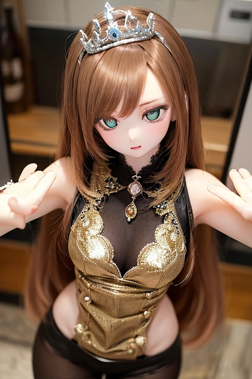 (SFW:2), photorealistic, realistic photo, 8k, ((highest quality)), ((masterpiece)), (extremely detailed), kukolnydom, doll, (mature woman, 20yo, 20 years old:1.6), solo, ((cowboy shot, standing, slim, slender, skinny, medium breasts, princess dress, tiara, castle)), (green eyes, brown hair, long hair, plastic skin, looking at another, glass eyes, gradient eyes, shining eyes, detailed eyes:1.3)