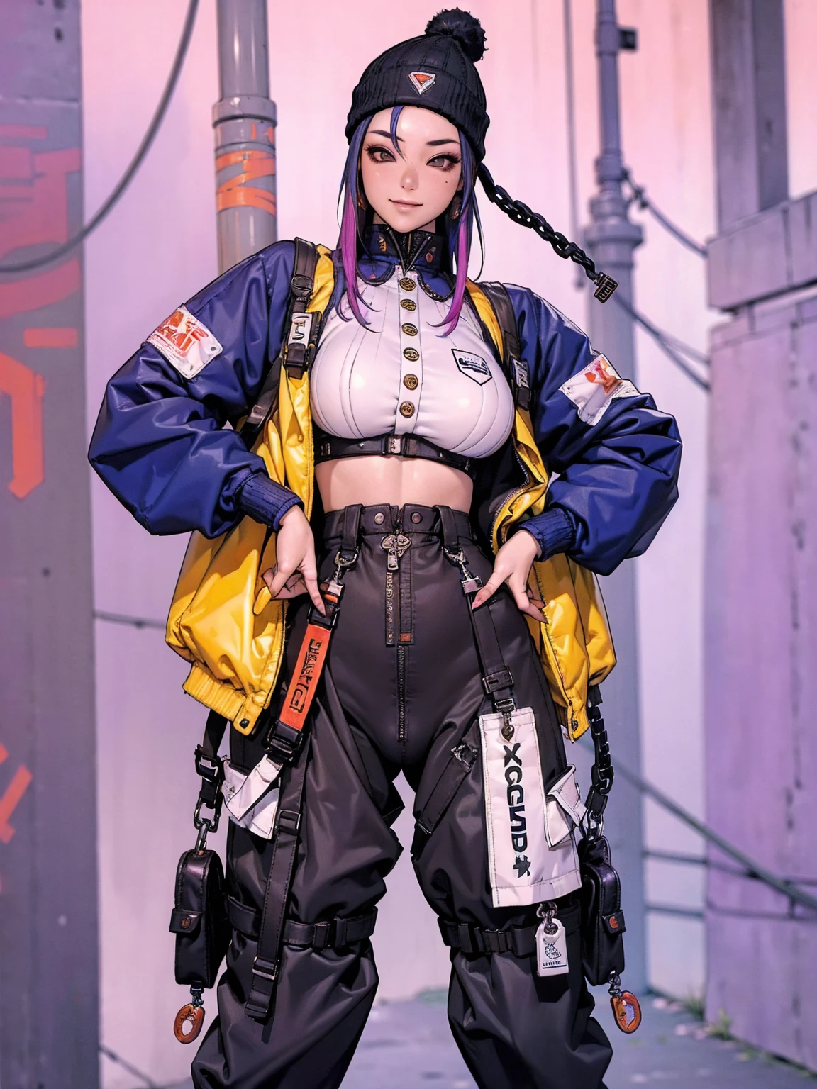 (((best qualityer))), (((absurdres))), (((1girl))), (((Urban girl))), (((malicious smile))), a beautiful and sexy girl with multi-colored hair wearing ultra modern clothes with kanjis printed on her nylon jacket with diamond-shaped stitching, (((slim with fitness body))), bright and contrasting colors, (((Hip-hop style low-waisted wide-leg pants with panty straps showing))), (((stylish Beanies with vertical seams))), Brand logo, hip-hop gold neck chains, padlock, buttons with Japanese art, multi colored hair and futuristic modern cut, with your hand in your pocket, in the background buildings and walls with colorful graffiti, under boob