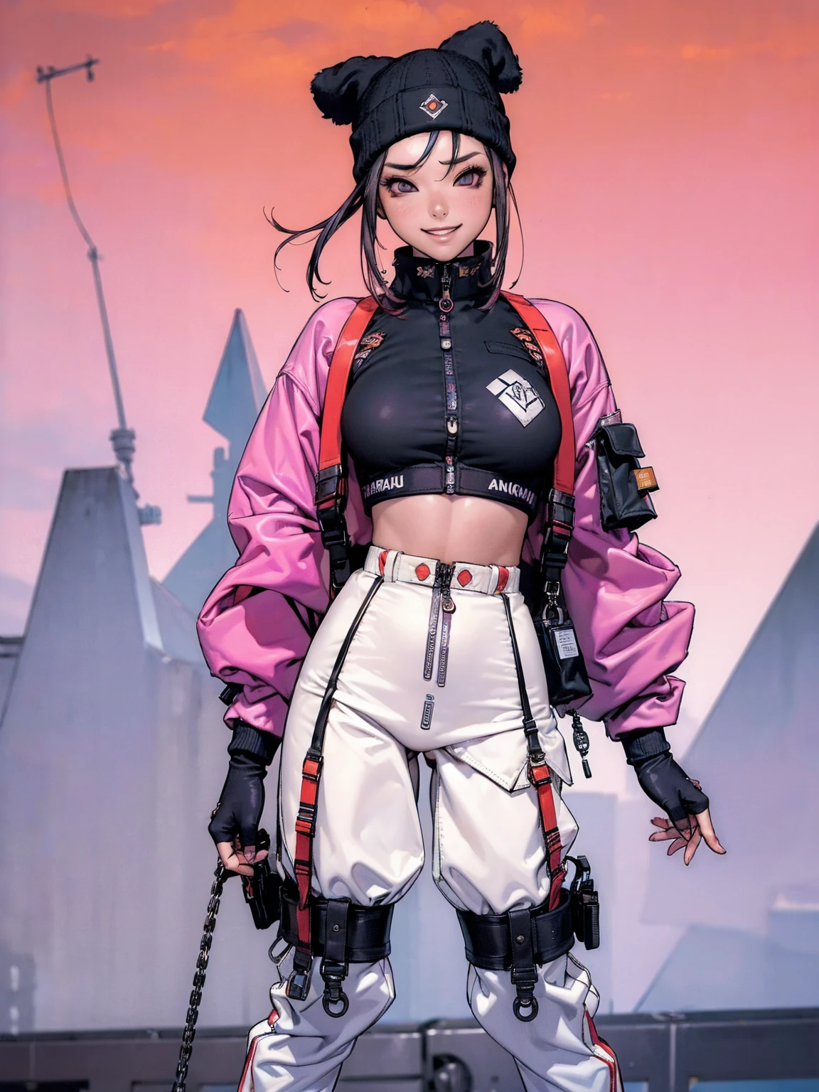 (((best qualityer))), (((absurdres))), (((1girl))), (((Urban girl))), (((malicious smile))), a beautiful and sexy girl with multi-colored hair wearing ultra modern clothes with kanjis printed on her nylon jacket with diamond-shaped stitching, (((slim with fitness body))), bright and contrasting colors, (((Hip-hop style low-waisted wide-leg pants with panty straps showing))), (((stylish Beanies with vertical seams))), Brand logo, hip-hop gold neck chains, padlock, buttons with Japanese art, multi colored hair and futuristic modern cut, with your hand in your pocket, in the background buildings and walls with colorful graffiti, under boob