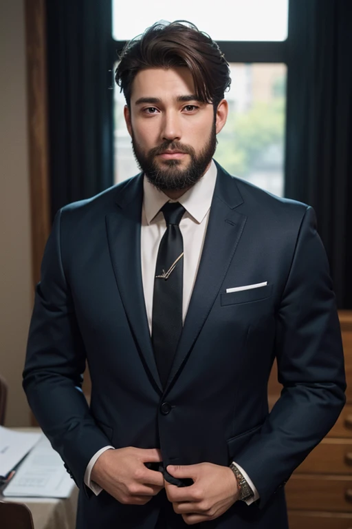 、Boy with brown hair、beard、wearing a suit and a tie、A photo in which the body and head are in line, Face the photo towards the viewer, The eye is fixed on the lens, In the photo you can see the shoulders and head, Man in the center of the photo, 8K, Highest quality, Tabletop, Realistic, Realistic photo, Cinematography, ultra Realistic, Perfect lighting, dsrl, Professional photos, 4K Muscle