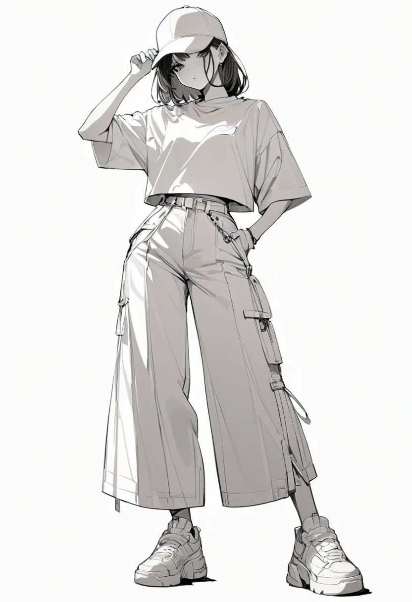 (masterpiece、Highest quality:1.2、8K)、Centered、Only one girl、Street Shirts、Street style wide pants、Monochromatic sneakers、whole body、Simple Background、
