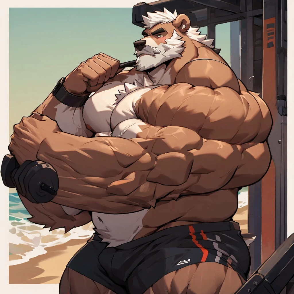 solo, 1boy, Huge Muscular Old Grizzly Bear wearing glasses , pectoral, huge pectoral, wide pectoral, short white hair, short pants black wristbands and shirtless topless, bearded, Mustache, muscle beach background, frontside,
masterpiece, high detailed, 8k, high resolution, at the gym working out his chests on the cable crossover UF-T009 - UpForm machine carrying over 100lbs and 45kgs of weight equipments as pushing up to the limits