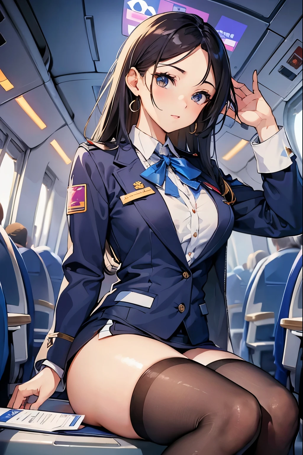 ((Ana_flight attendant, _uniform)),, (aircraft, aircraft seats), Cute face,, stewardess。Earrings、Sexy、Cabin attendant、Beauty、Sitting cross-legged、Thighs、Her chest is exposed、Serious expression、Beautiful buttocks