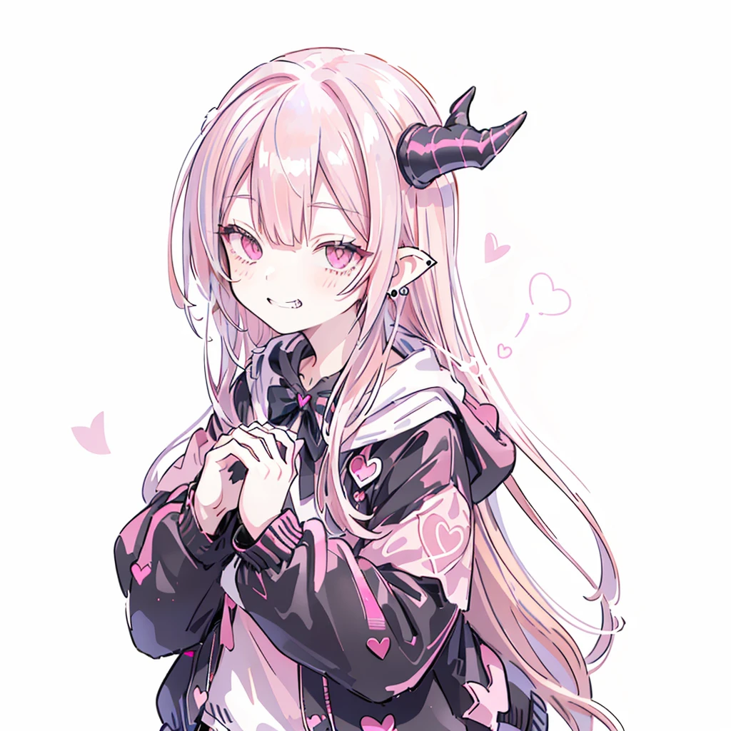 ((((Jagged　Open your mouth　Grin　Pink Background　shining heart　front))))　(((Black hoodie　Wearing a hood　Demon Horns　Heart Iris　Close-up　Pink Hair　Long Hair　Making a heart with both hands)))　((Shiny earrings　Small black ribbon))　Shining Edge　Shining Background