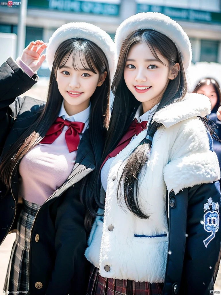 (A super cute Korean female college student duo takes a commemorative photo together wearing fluffy coats over their school uniforms:1.2)(grin,smile:1.1)(Beautiful Sweat:1.1)(16K, RAW Photos, Highest quality, masterpiece: 1.2),(Glossy black hair with cute twin tails) Super detailed, Super Resolution, (Genuine, Genuine photos: 1.37), Portraiture, High-resolution RAW color photos, Professional photos, Very detailed, 8k wallpaper, Very detailed CG Unity 8k wallpaper, Very detailed beautiful girls, Very detailed faces, ((whole body)), beautiful woman, Huge breasts,(huge boobs:1.1) (Big Boobs:1.1), beautiful (Wearing a tight and cute company-designated and a cute coat),high school girl, Korean Girls,(K-POP Female Idols), (Idol-class beauty)(Beautiful high school girl:1.1)(A park covered in heavy snow in midwinter)(17 years old)(School uniform style outfit:1.1)